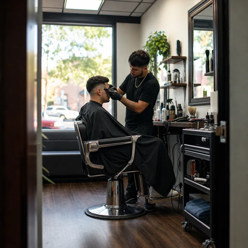 Barber shop interior in Newark showing a fade haircut in progress near campus