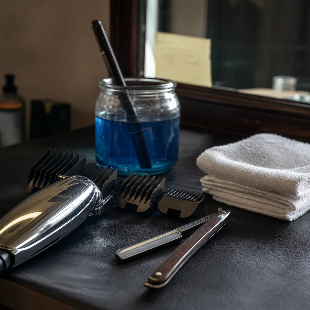 Barber tools including clippers, razor, and towels on a Newark barber shop counter