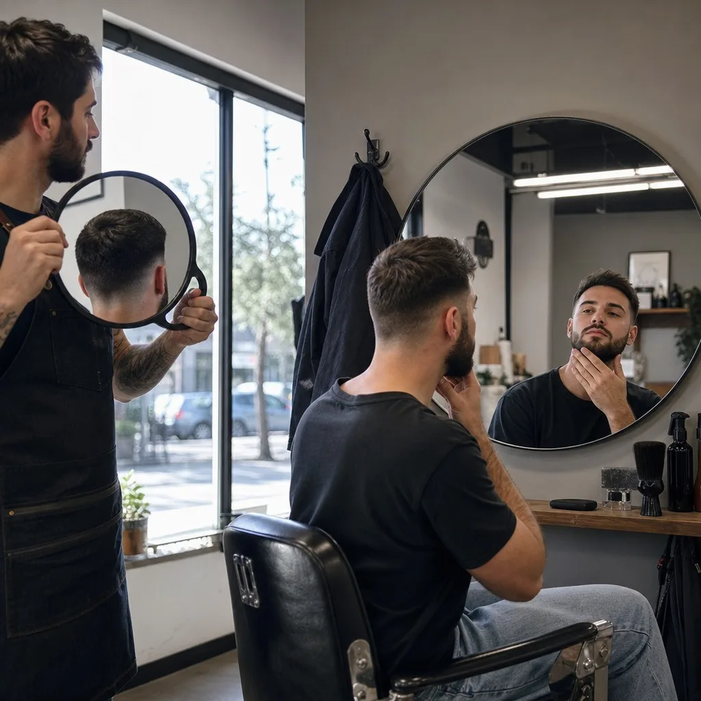 Customer checking finished haircut and beard trim result at Newark barber shop