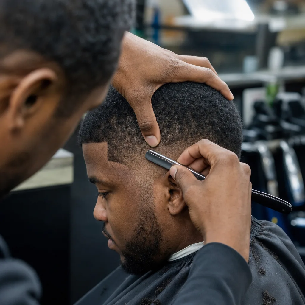 Barber shaping a precise hairline edge during a lineup service in Newark