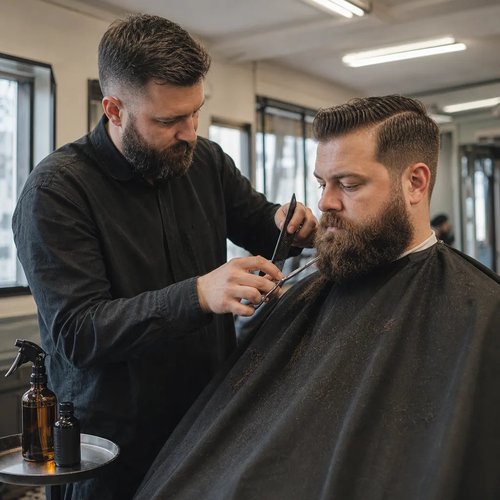Barber trimming a customer's beard with shears at a Newark barber shop