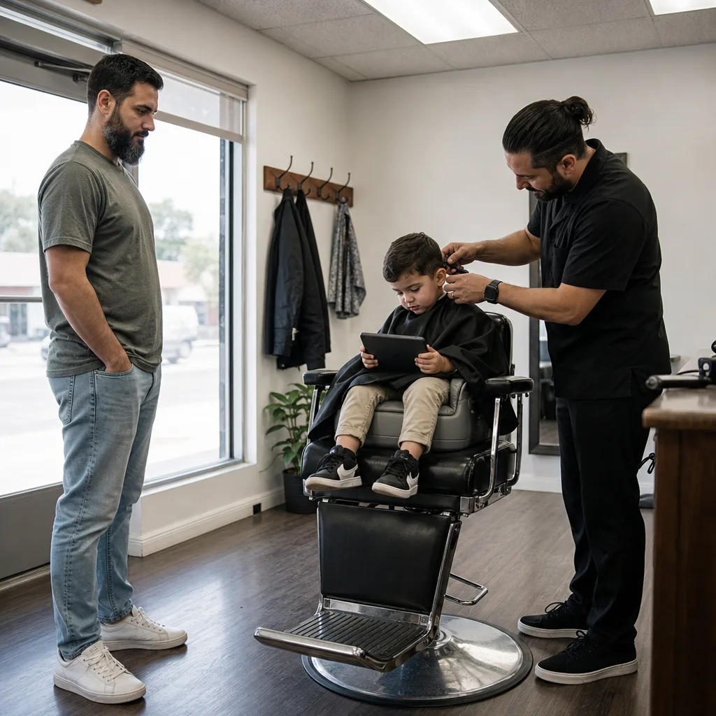 Child getting a haircut on a booster seat at Newark barber shop with parent nearby