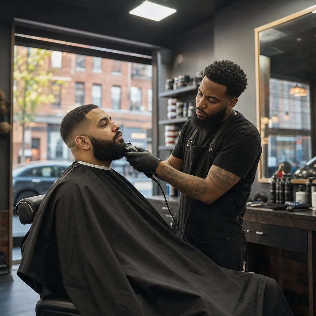 Barber trimming a client's beard with electric trimmer in Newark shop