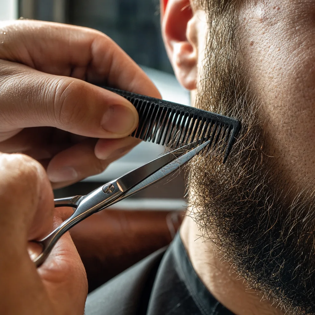 Close-up of barber shears trimming beard hair during Newark beard trim