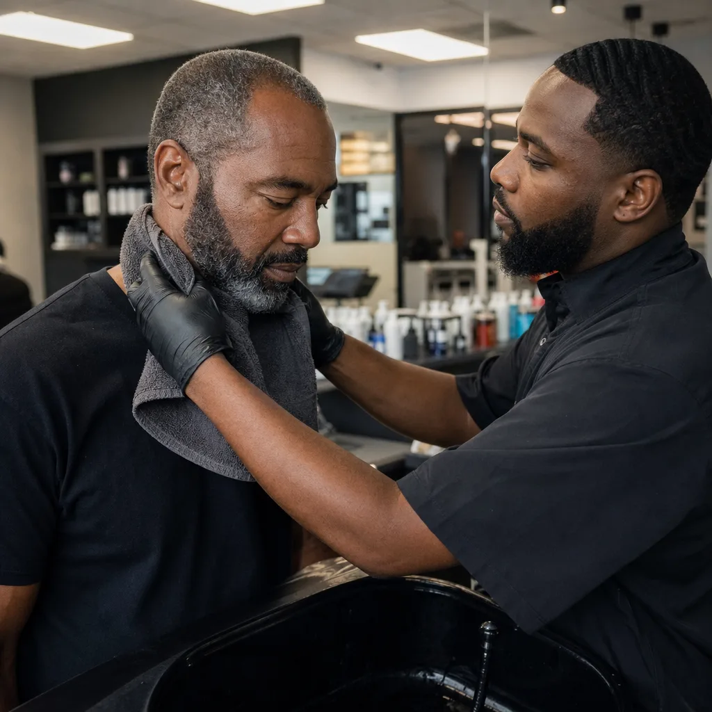 Finished beard trim result with clean neckline at Newark barber shop