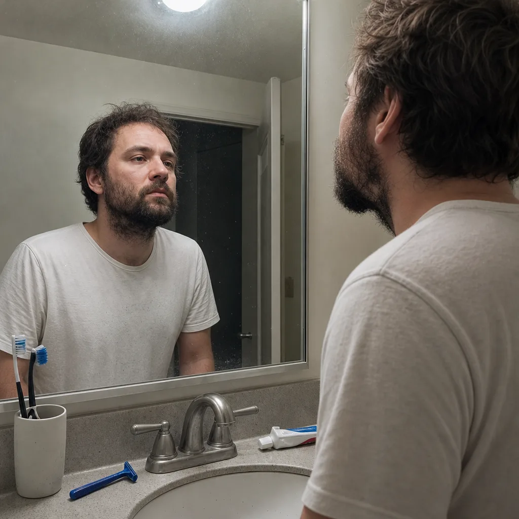Man noticing overgrown beard in bathroom mirror before Newark trim visit