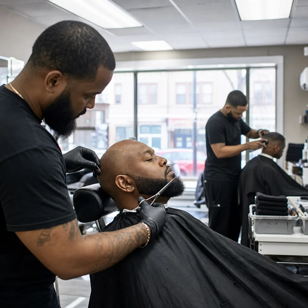 Barbers performing beard trim and haircut services side by side in Newark