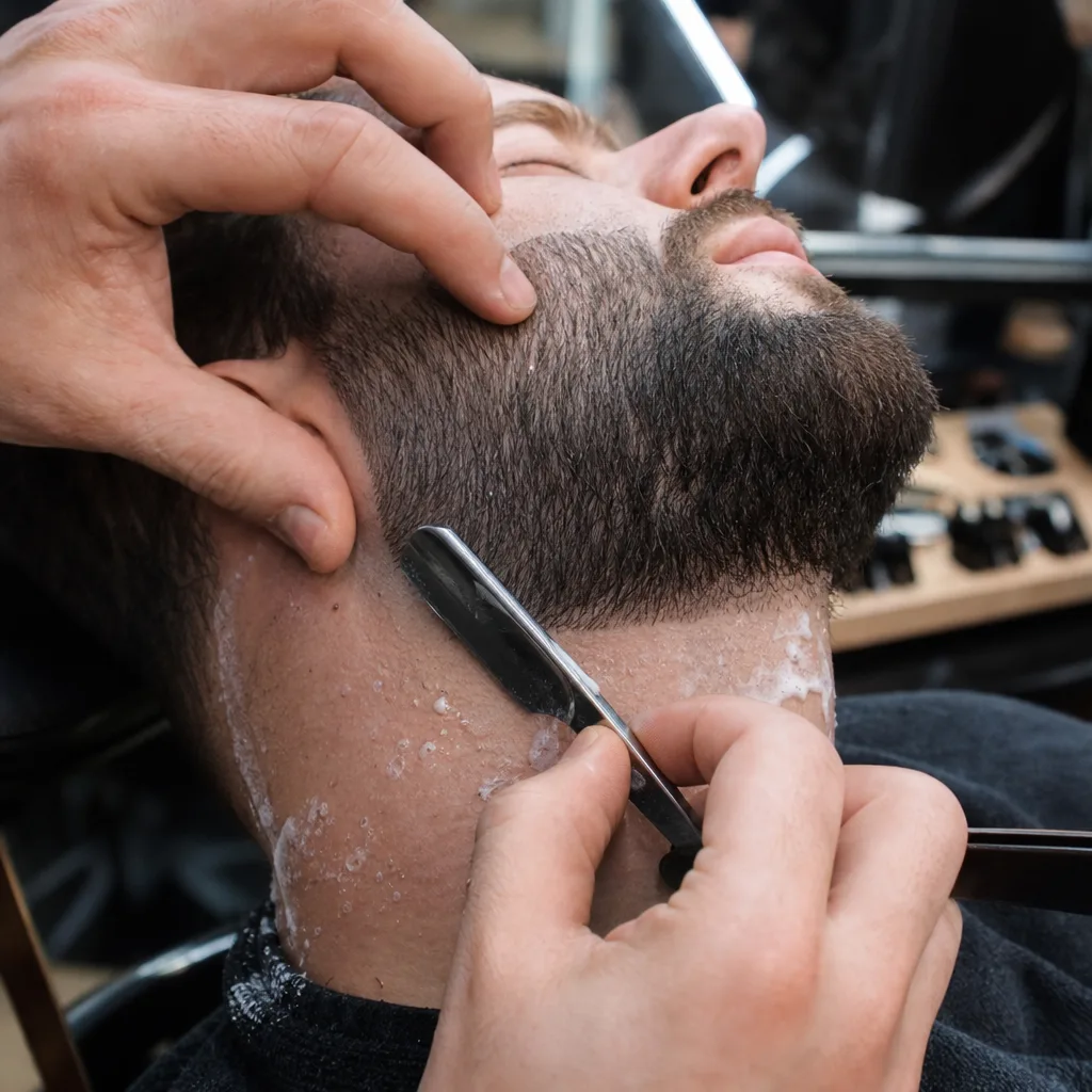 Barber using straight razor for beard line-up detail in Newark shop