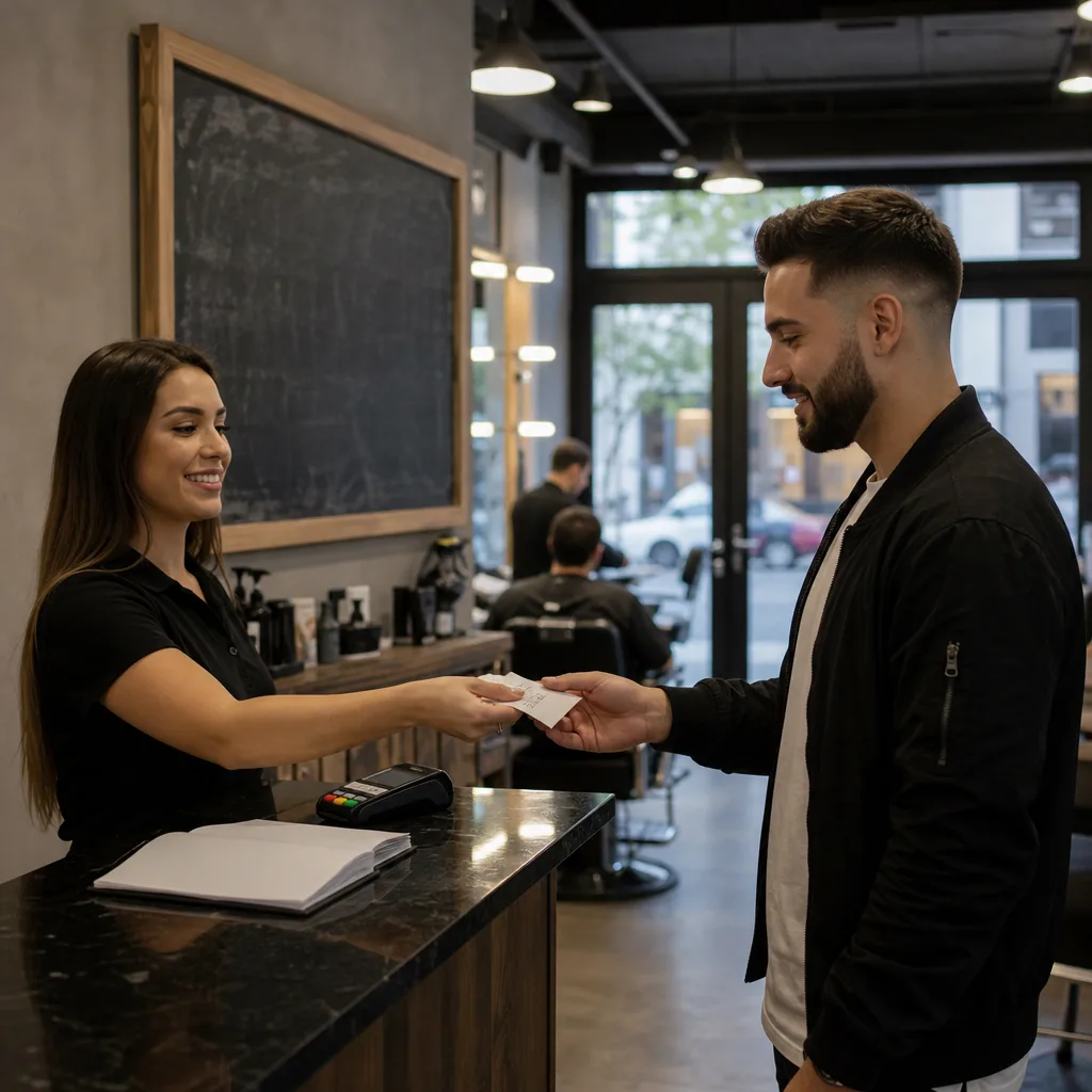 Client paying at counter after beard trim appointment in Newark barber shop