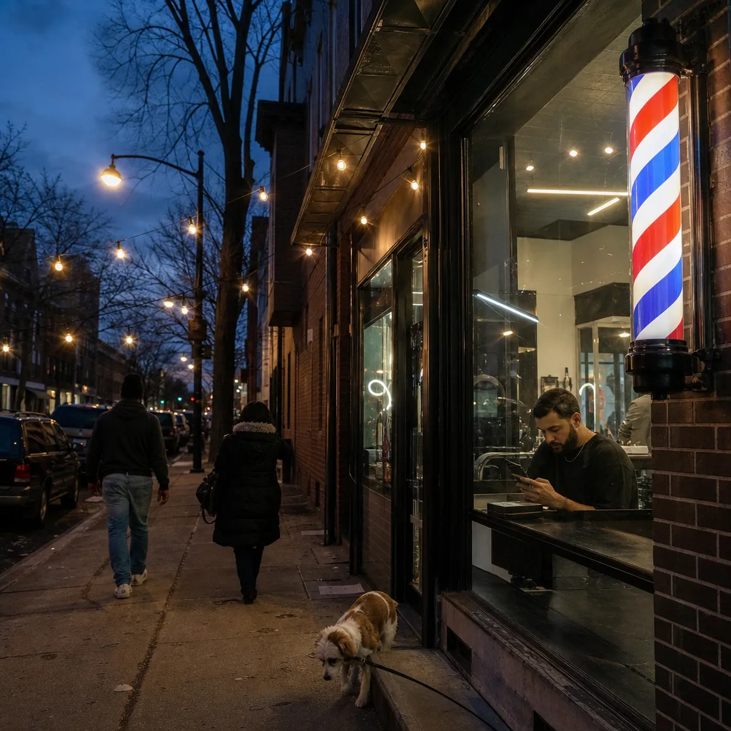 Newark barber shop storefront at dusk with barber pole and client inside