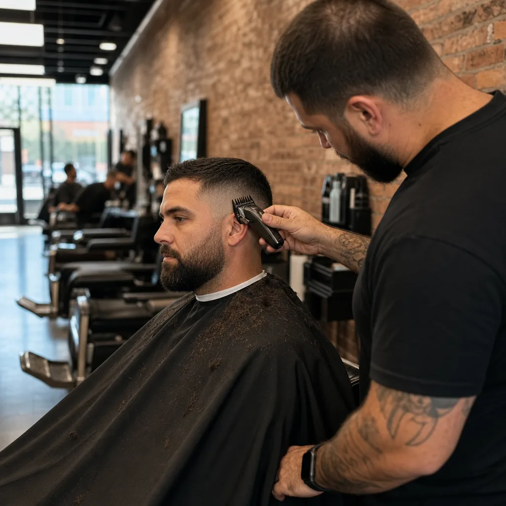 Barber performing fade cut with clippers on client in Newark barbershop