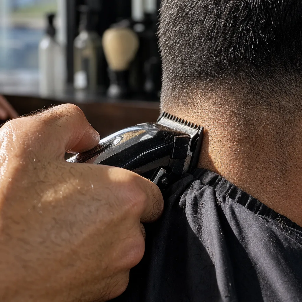 Close-up of clippers blending hair at neckline during Newark fade cut