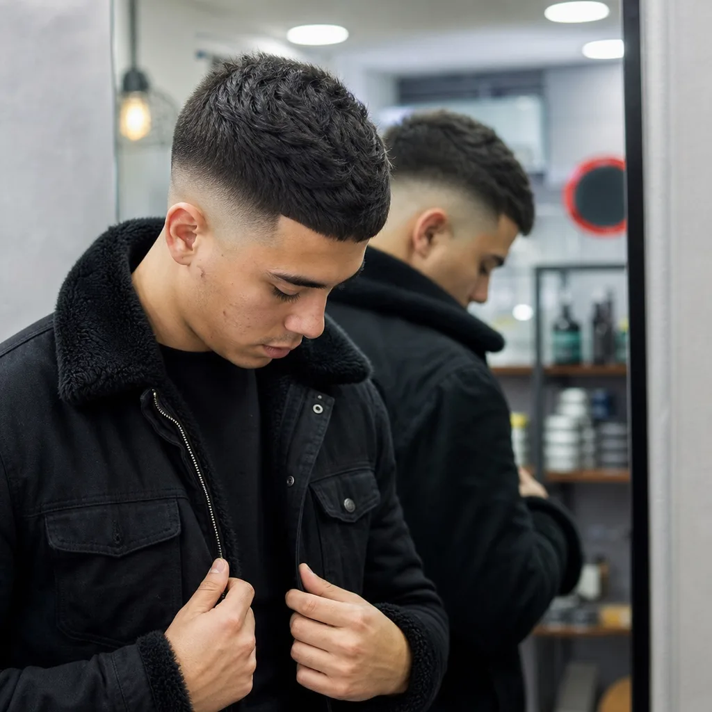 Finished fade cut result on client in Newark barbershop mirror