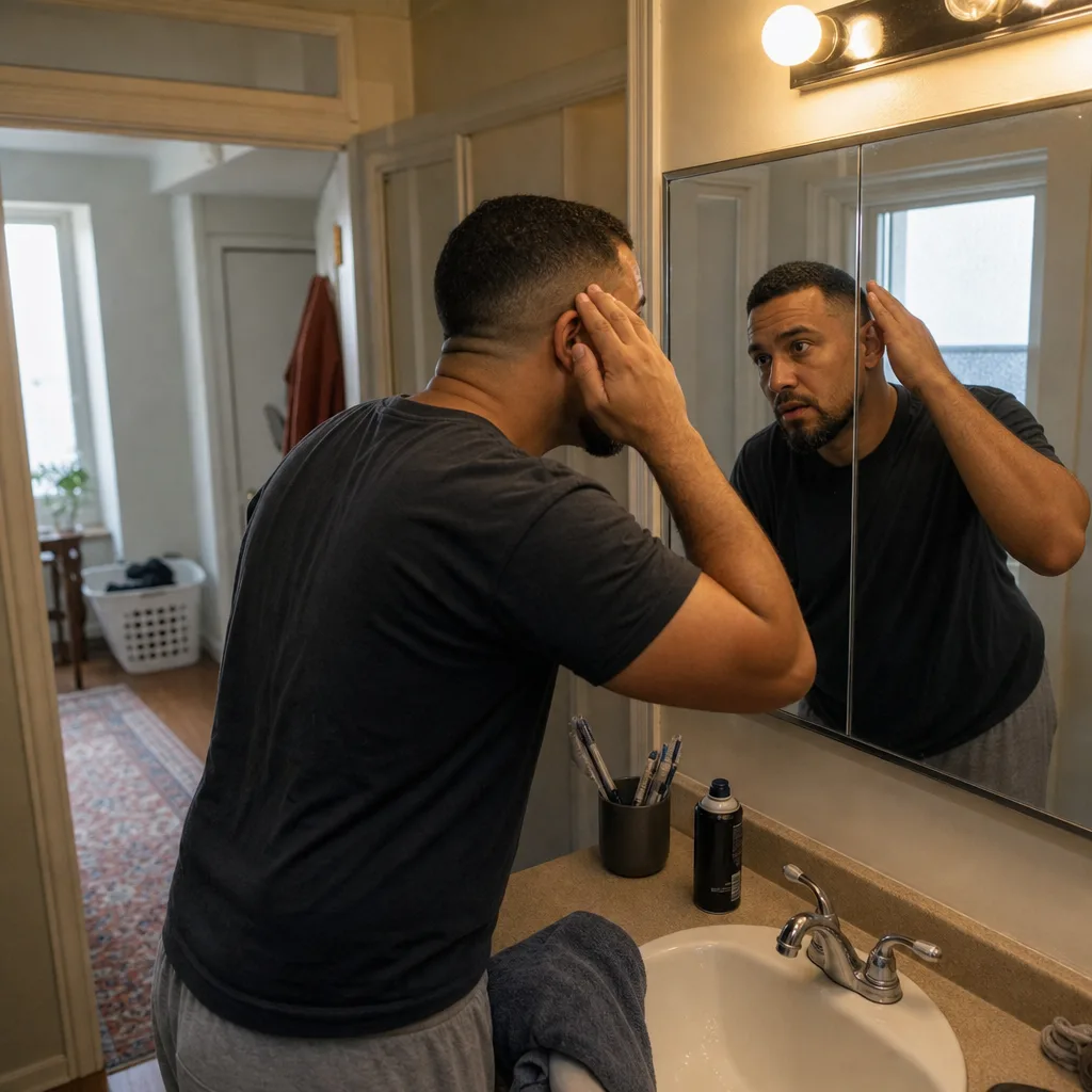 Man checking fade cut regrowth at home bathroom mirror in Newark