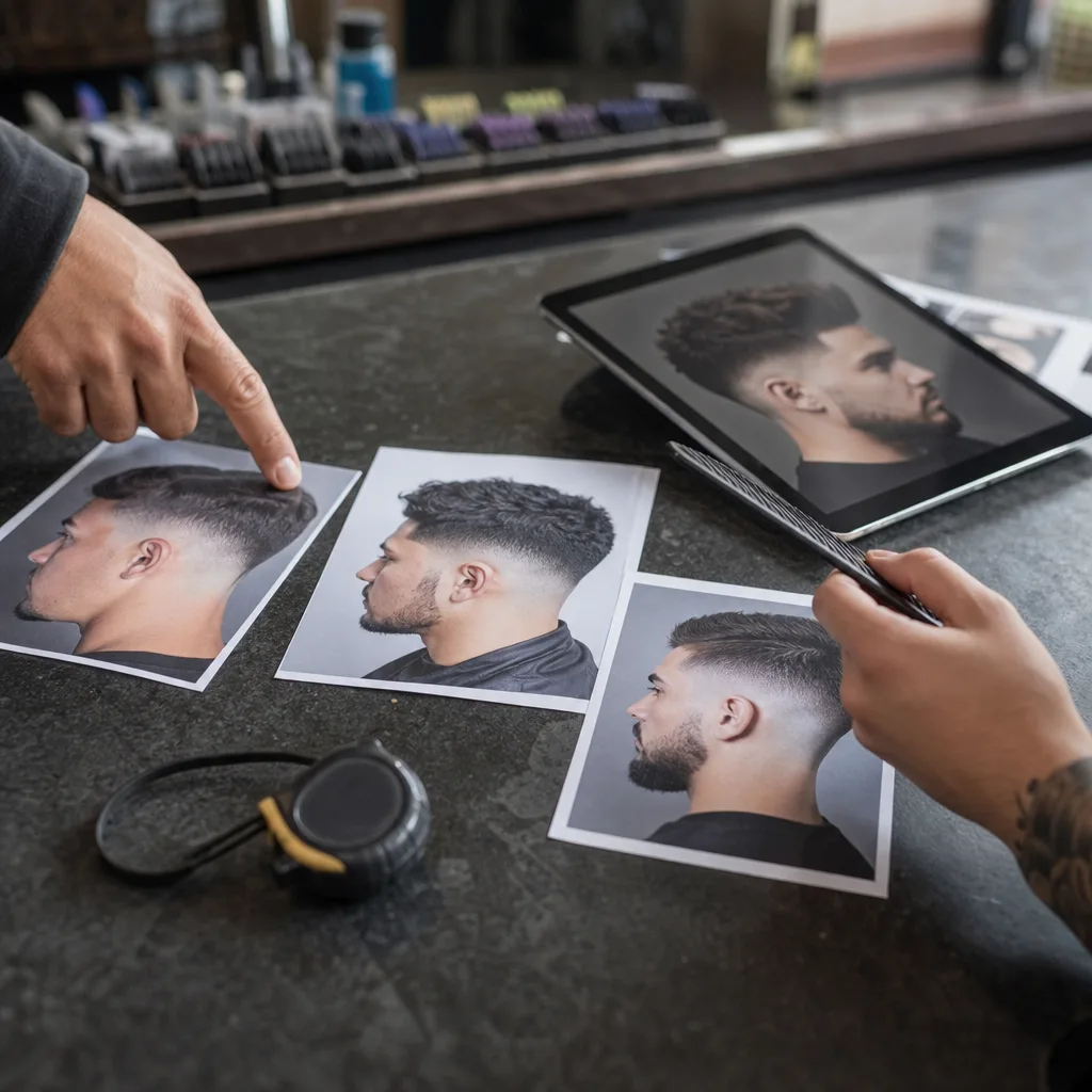 Client and barber reviewing fade style photos before Newark haircut