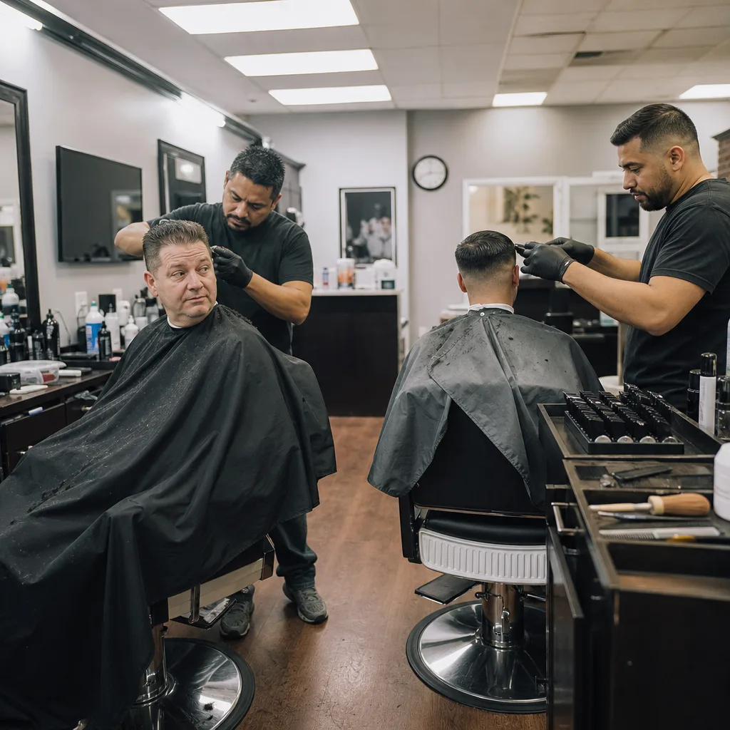 Barbers cutting clients hair in busy Newark fade cut shop