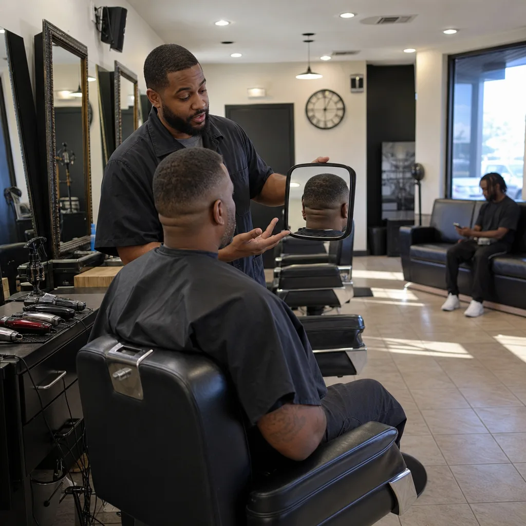 Barber explaining fade cut process to seated client in Newark