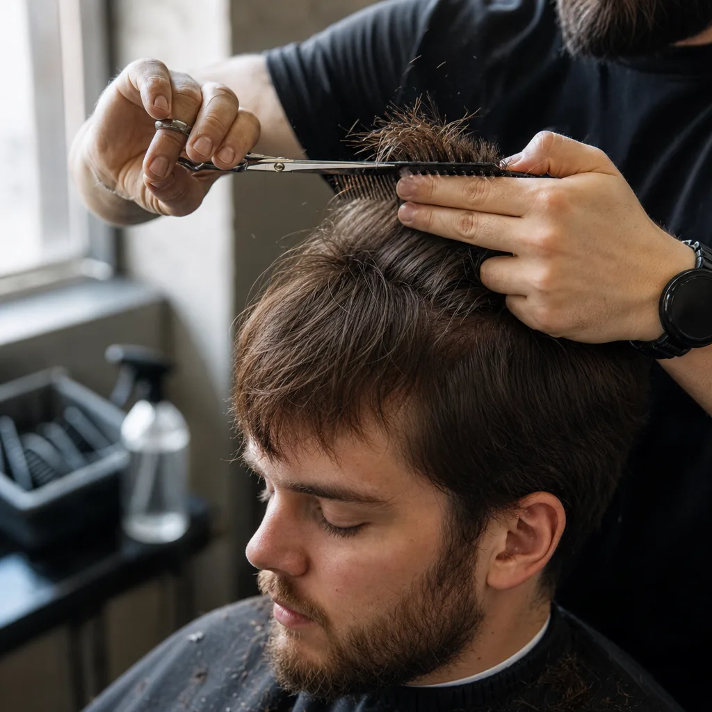 Barber trimming hair with scissors instead of full fade in Newark