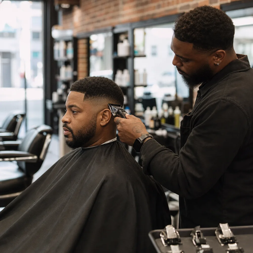 Barber performing taper fade haircut on client during full service appointment in Newark