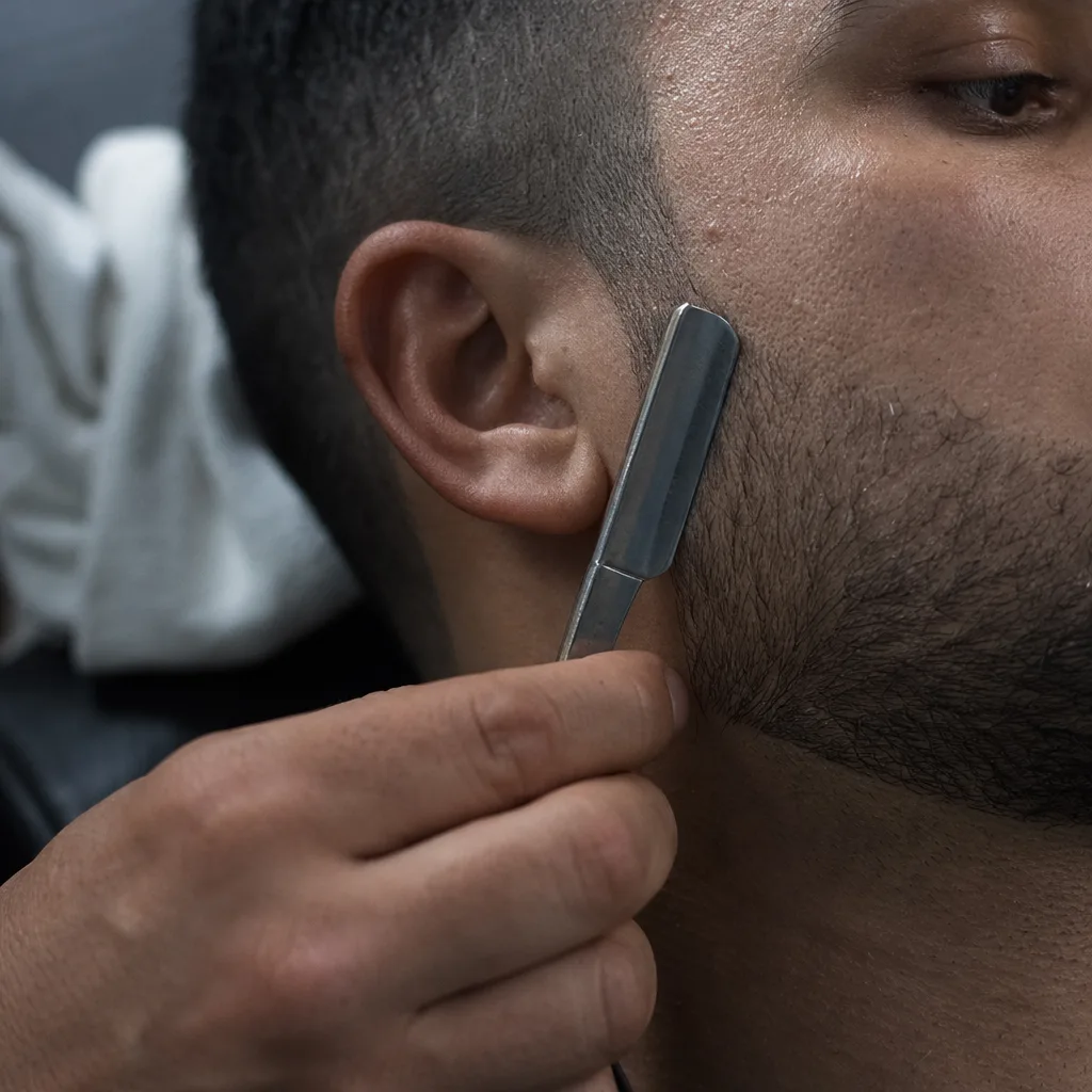 Close-up of razor edging hairline during full service haircut in Newark barber shop