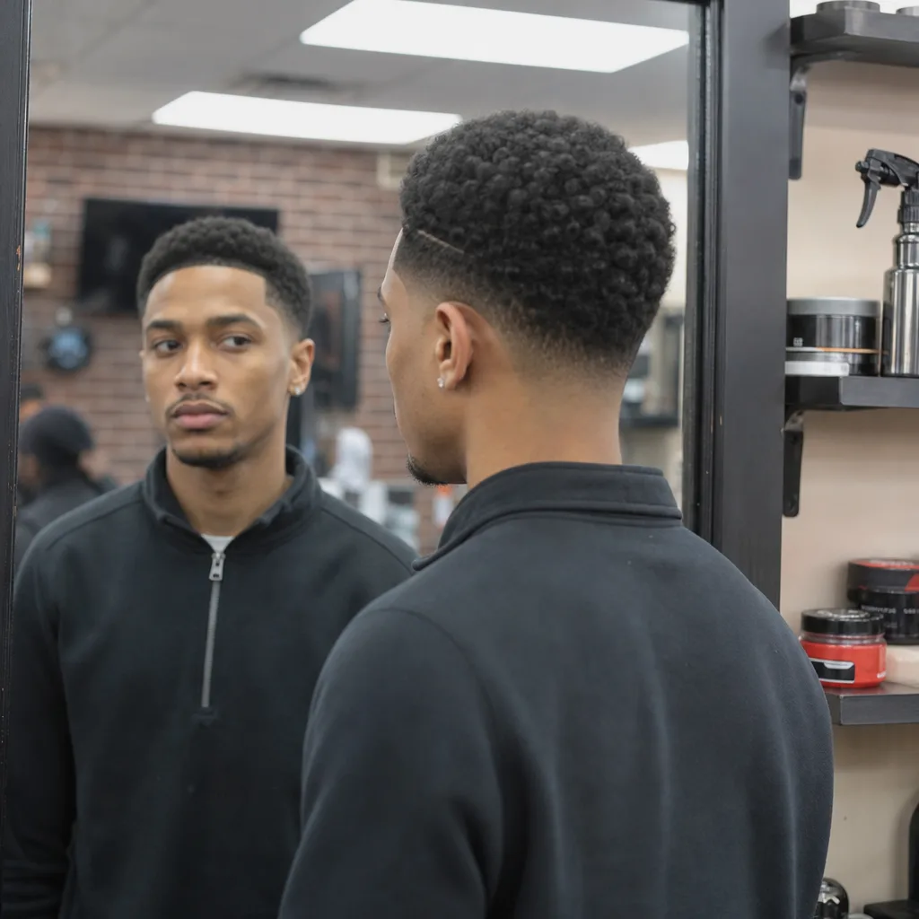 Client checking finished full service haircut result in Newark barber shop mirror