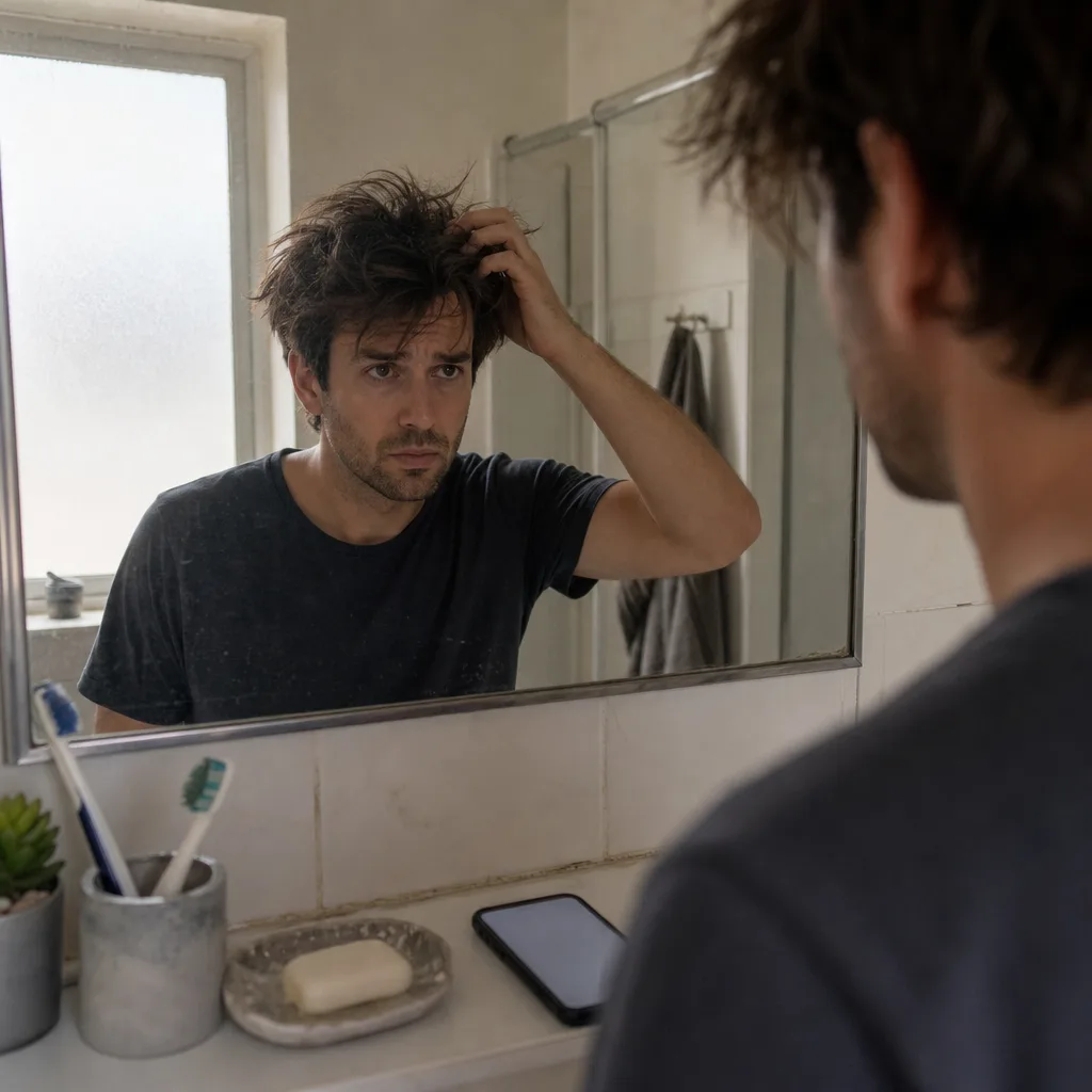 Customer checking overgrown hair at home before booking full service in Newark