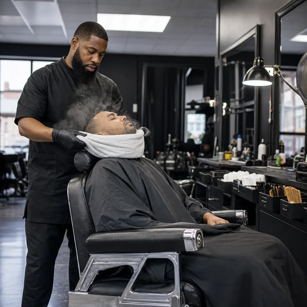 Barber applying hot towel finish during full service appointment in Newark shop