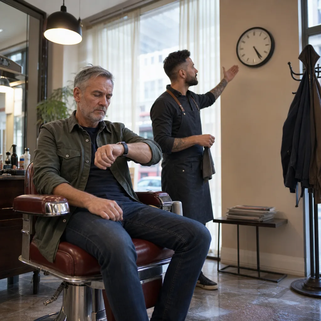 Client checking time in barber chair illustrating when full service timing may not fit in Newark
