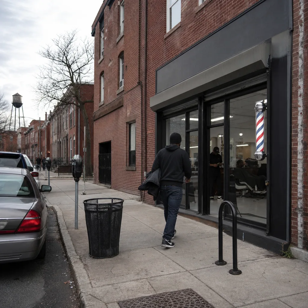 Customer walking toward barber shop entrance near street parking in Newark