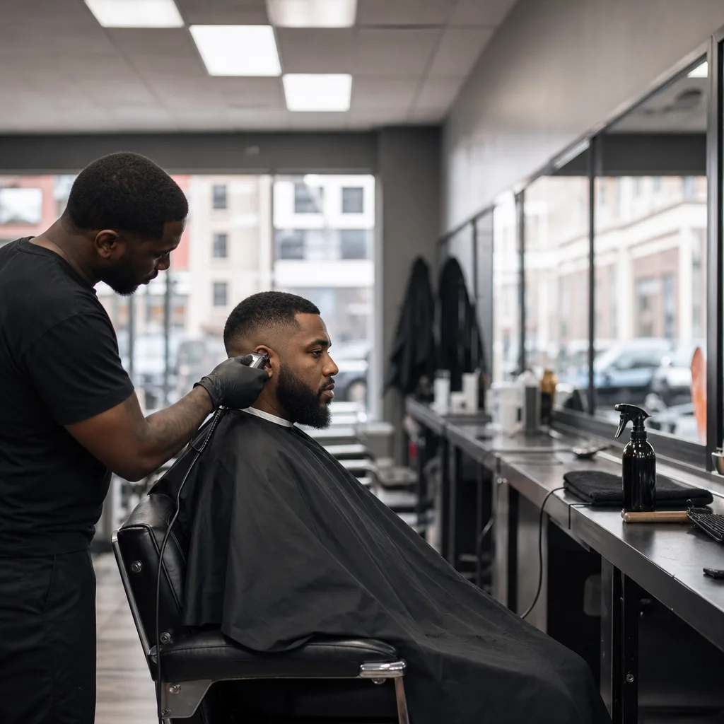 Barber blending haircut fade into beard line during combo appointment in Newark shop