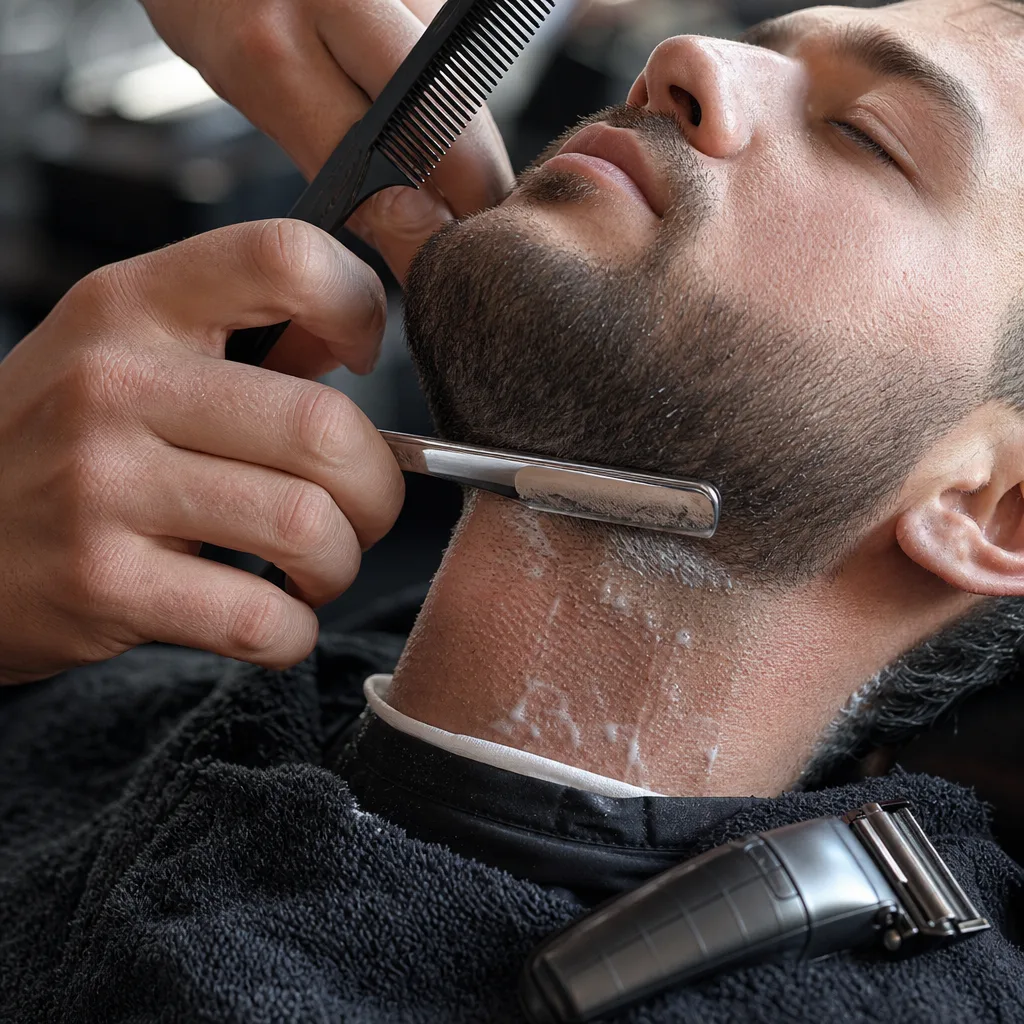 Close-up of barber razor-lining a beard edge during haircut appointment in Newark