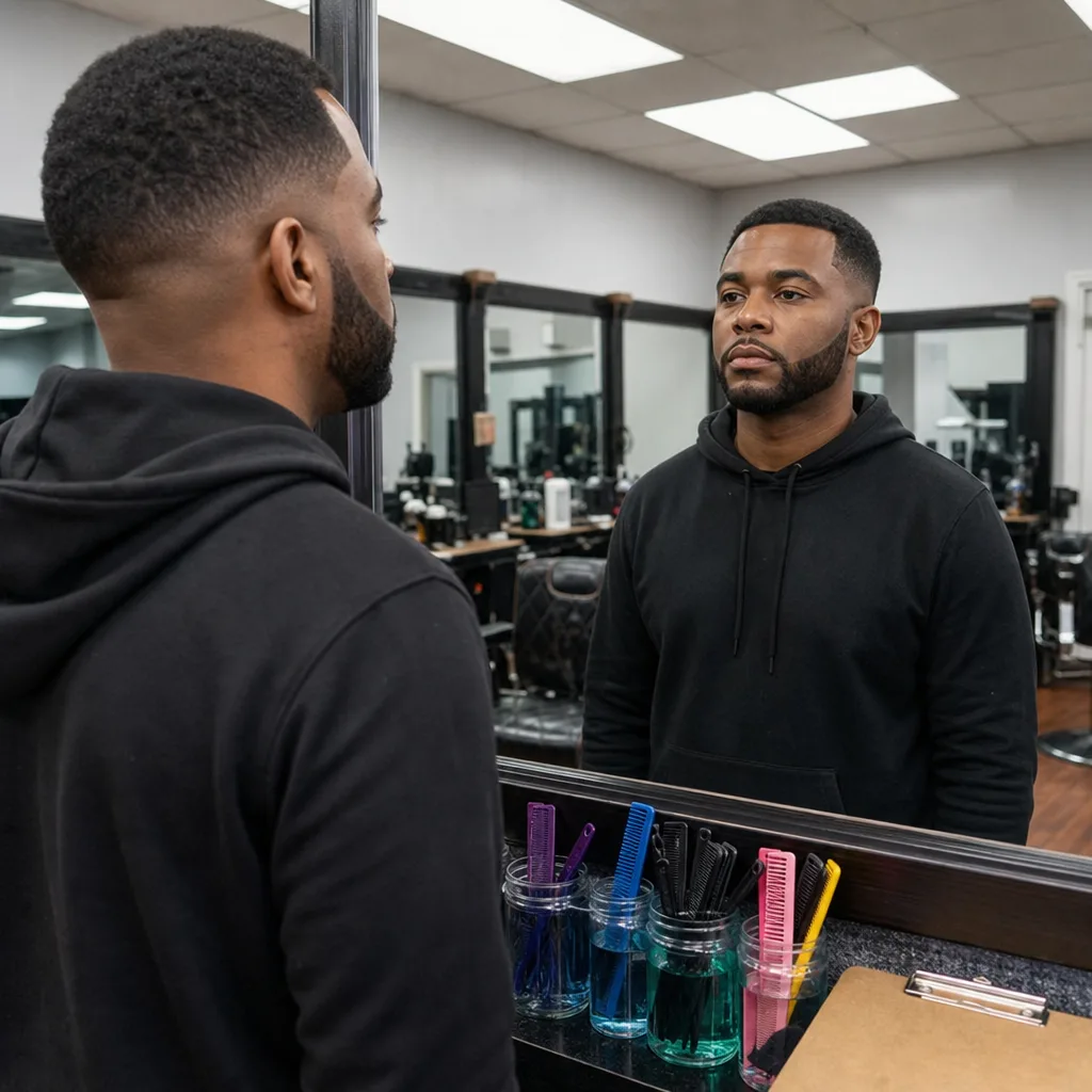 Client viewing finished haircut and beard trim result in Newark barbershop mirror