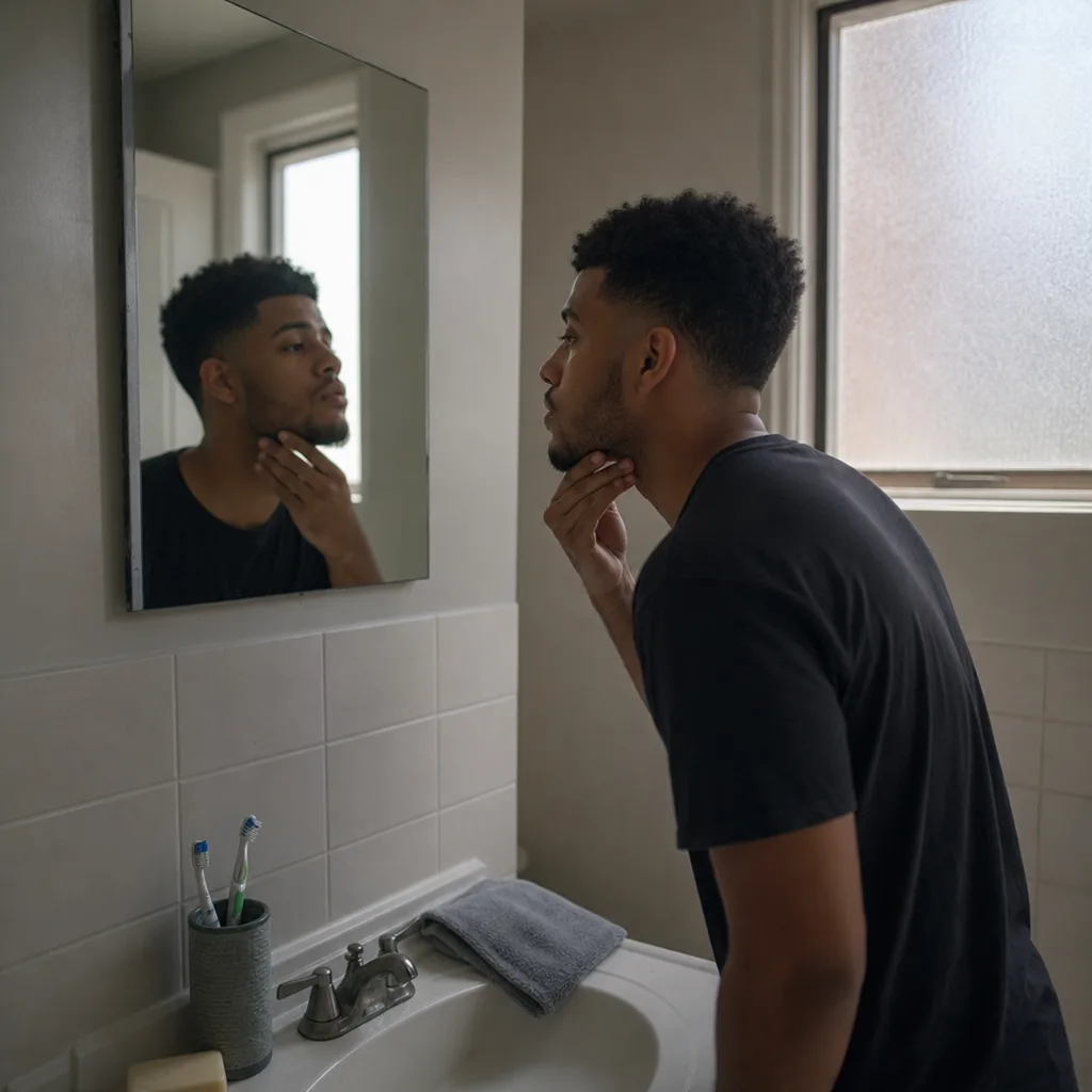 Man checking beard growth at home mirror before Newark haircut and beard visit
