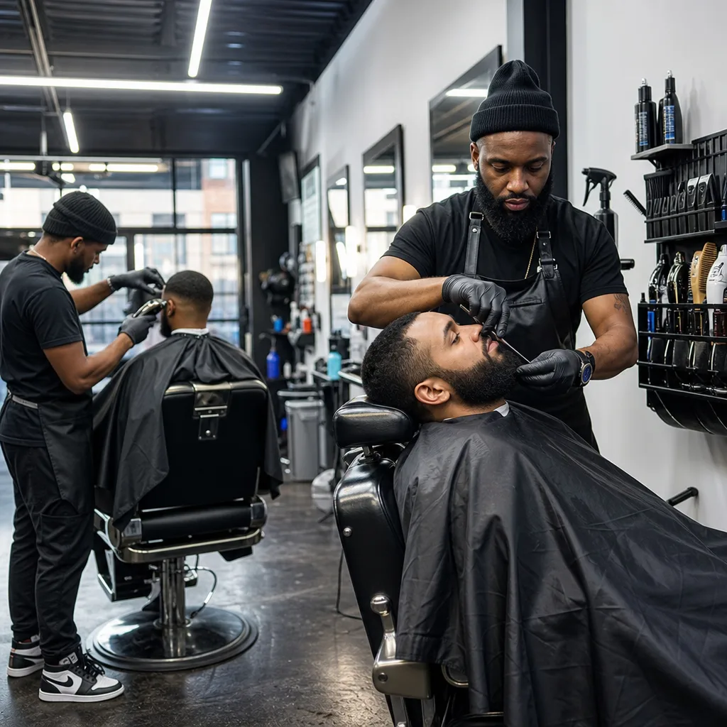 Barbers performing haircut and beard trims simultaneously in busy Newark shop