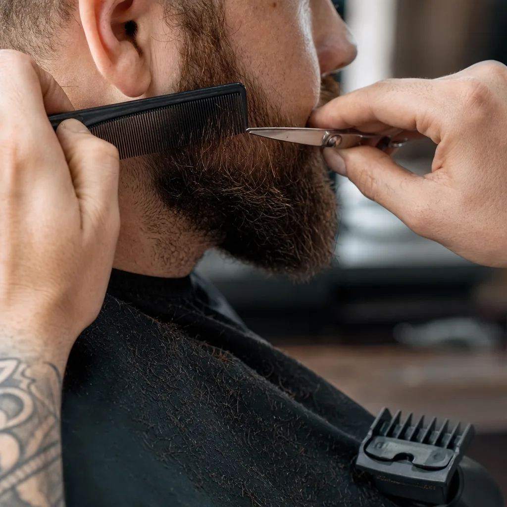 Barber trimming beard cheek line with scissors during combo haircut visit in Newark