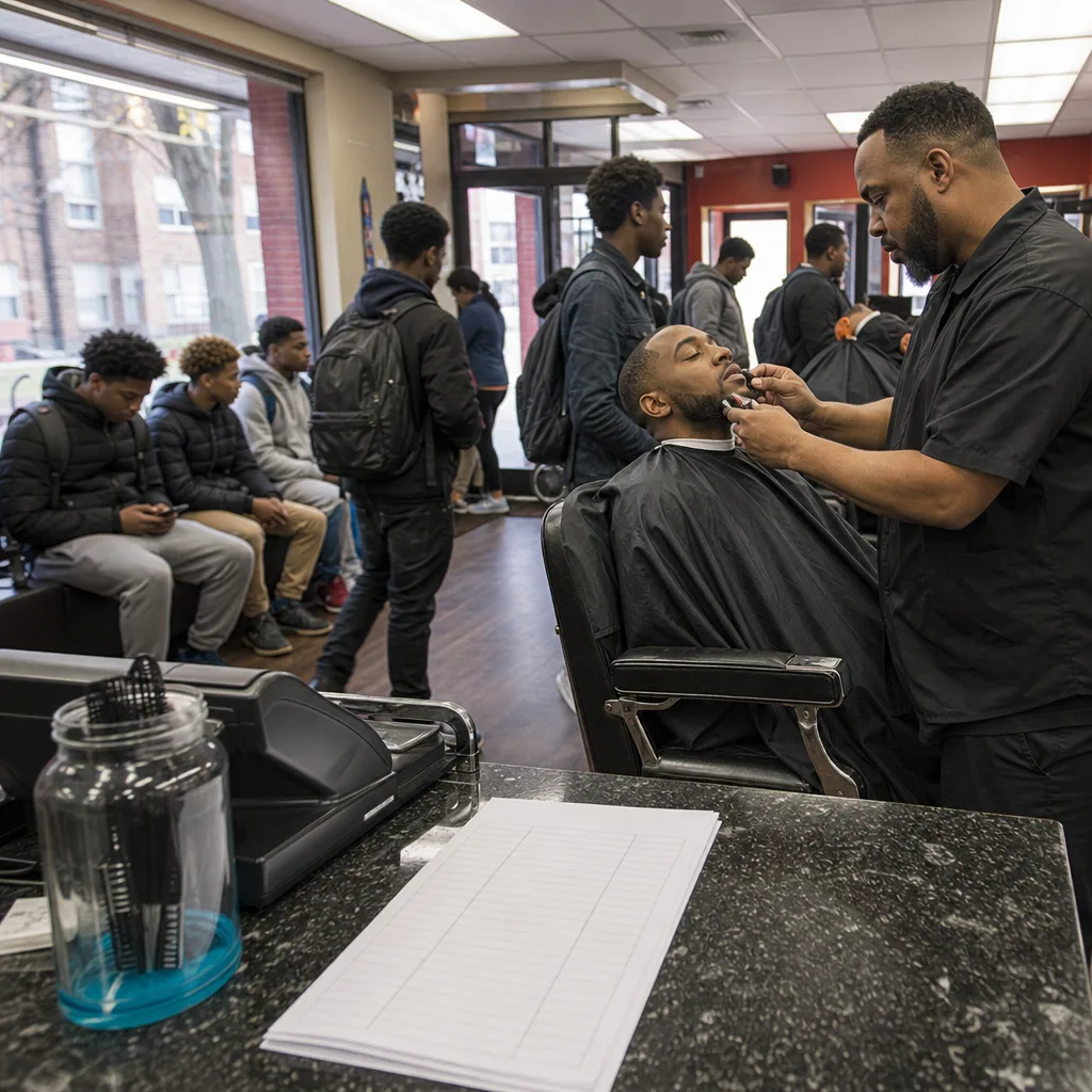Students waiting during busy semester rush at Newark haircut and beard barbershop