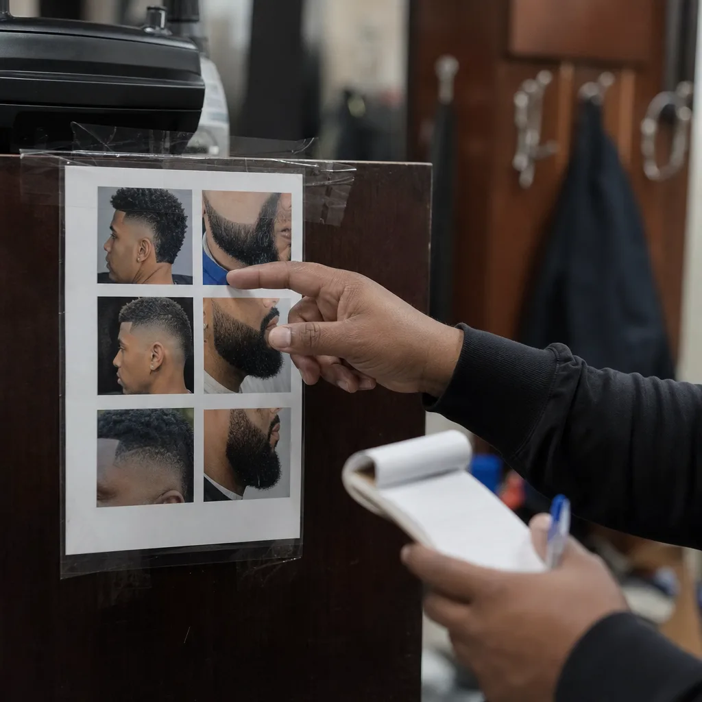 Barber reviewing combo pricing list with client at Newark haircut and beard shop