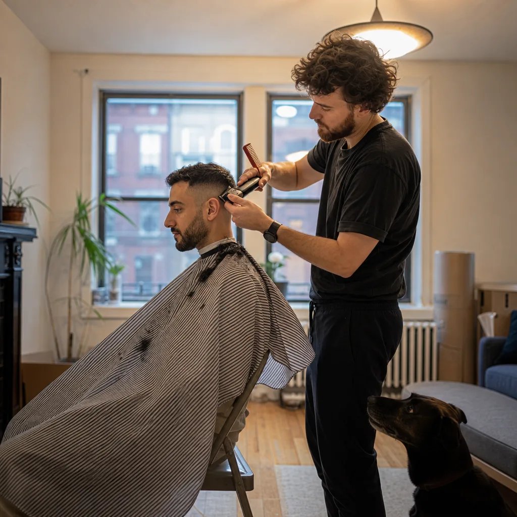 Barber giving a house call fade haircut in a Newark living room