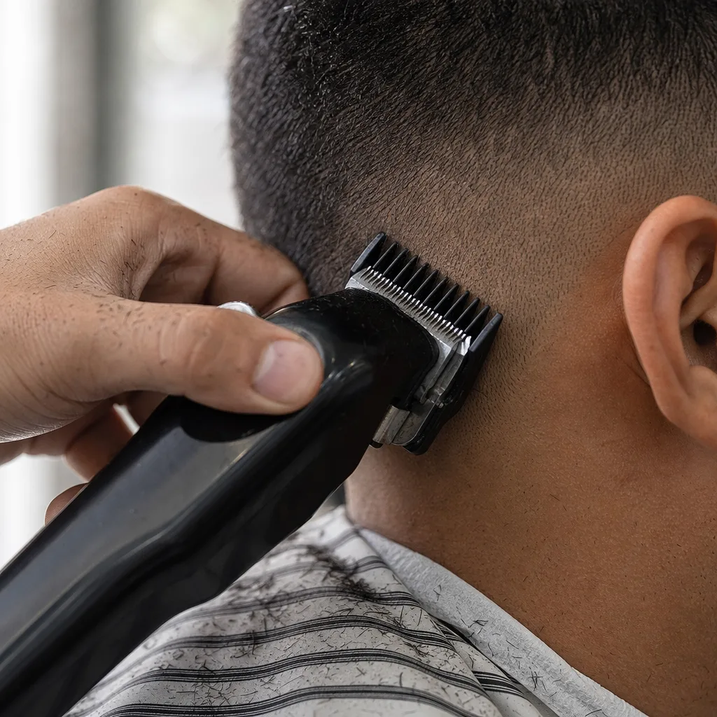 Close-up of clipper fading hair during Newark house call haircut
