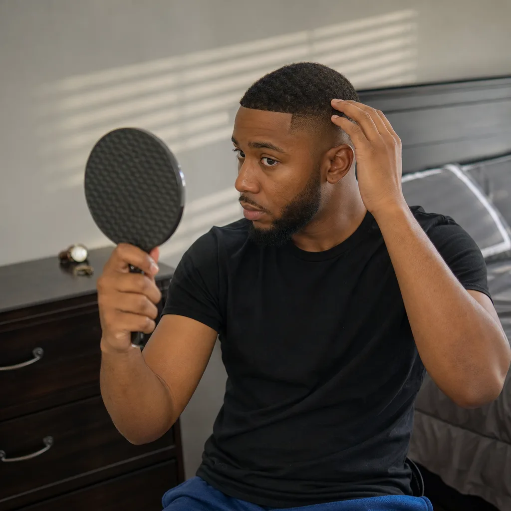 Man checking finished fade haircut after Newark house call service