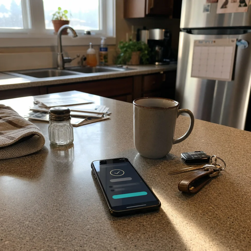 Phone showing booked house call appointment on Newark kitchen counter