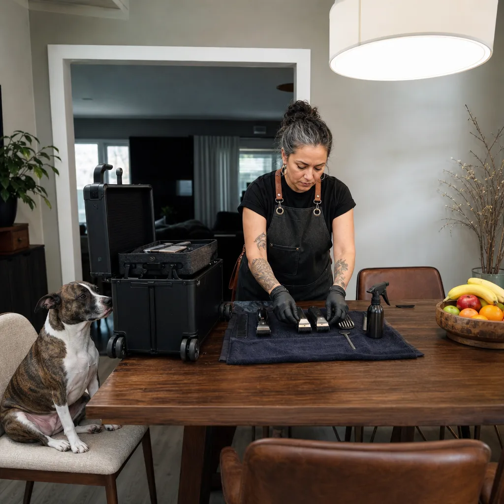 Barber setting up tools for a house call haircut in Newark home