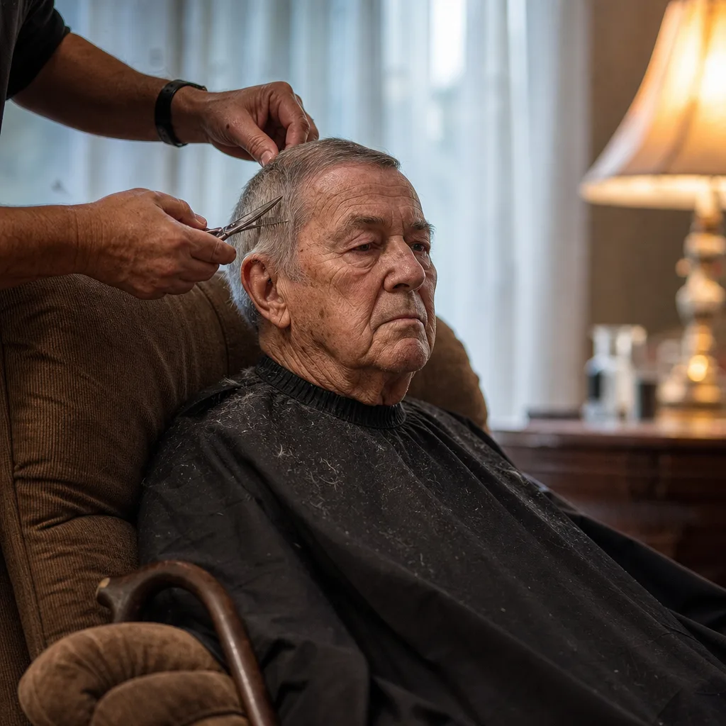 Barber trimming hair for elderly client during Newark house call