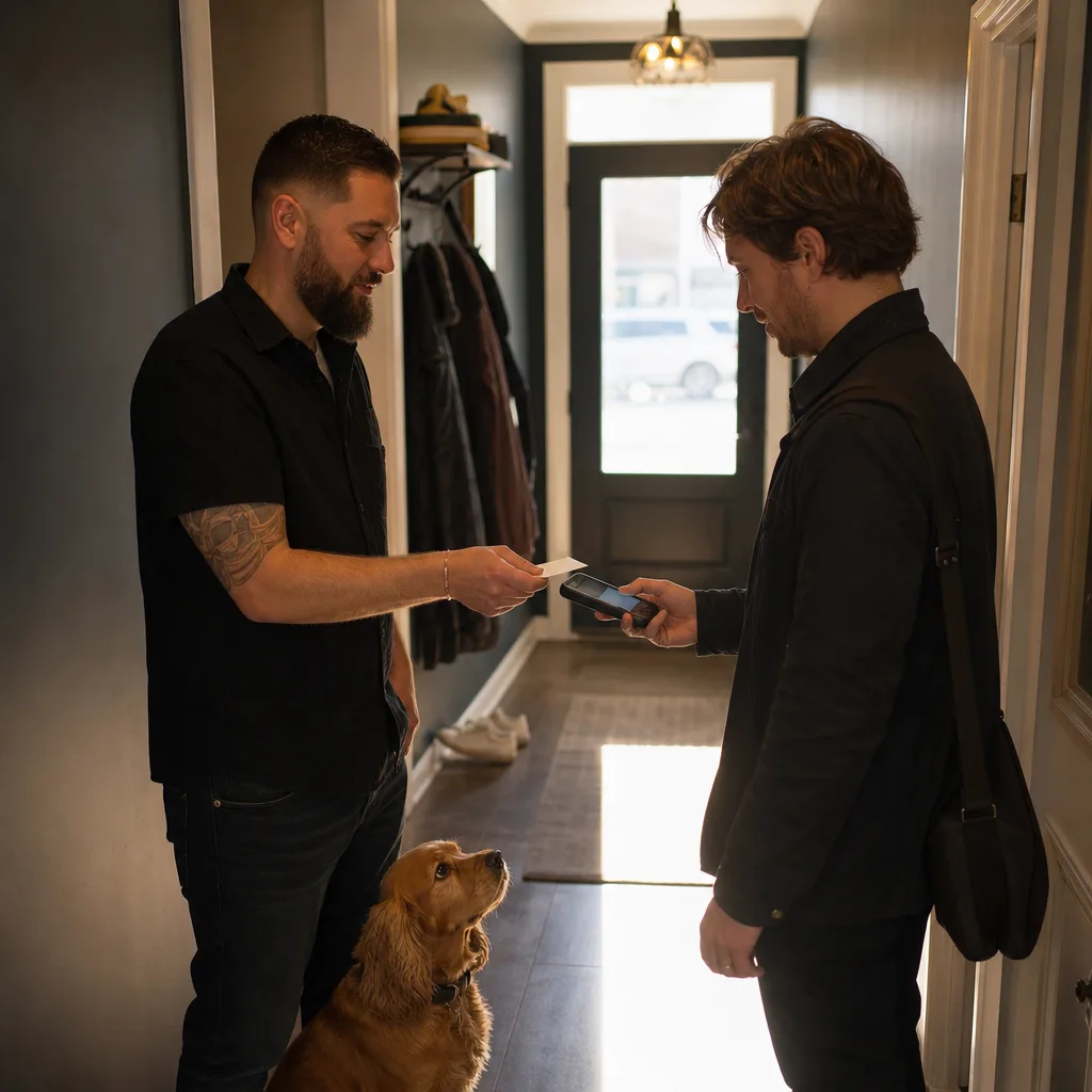Client paying barber after house call haircut appointment in Newark