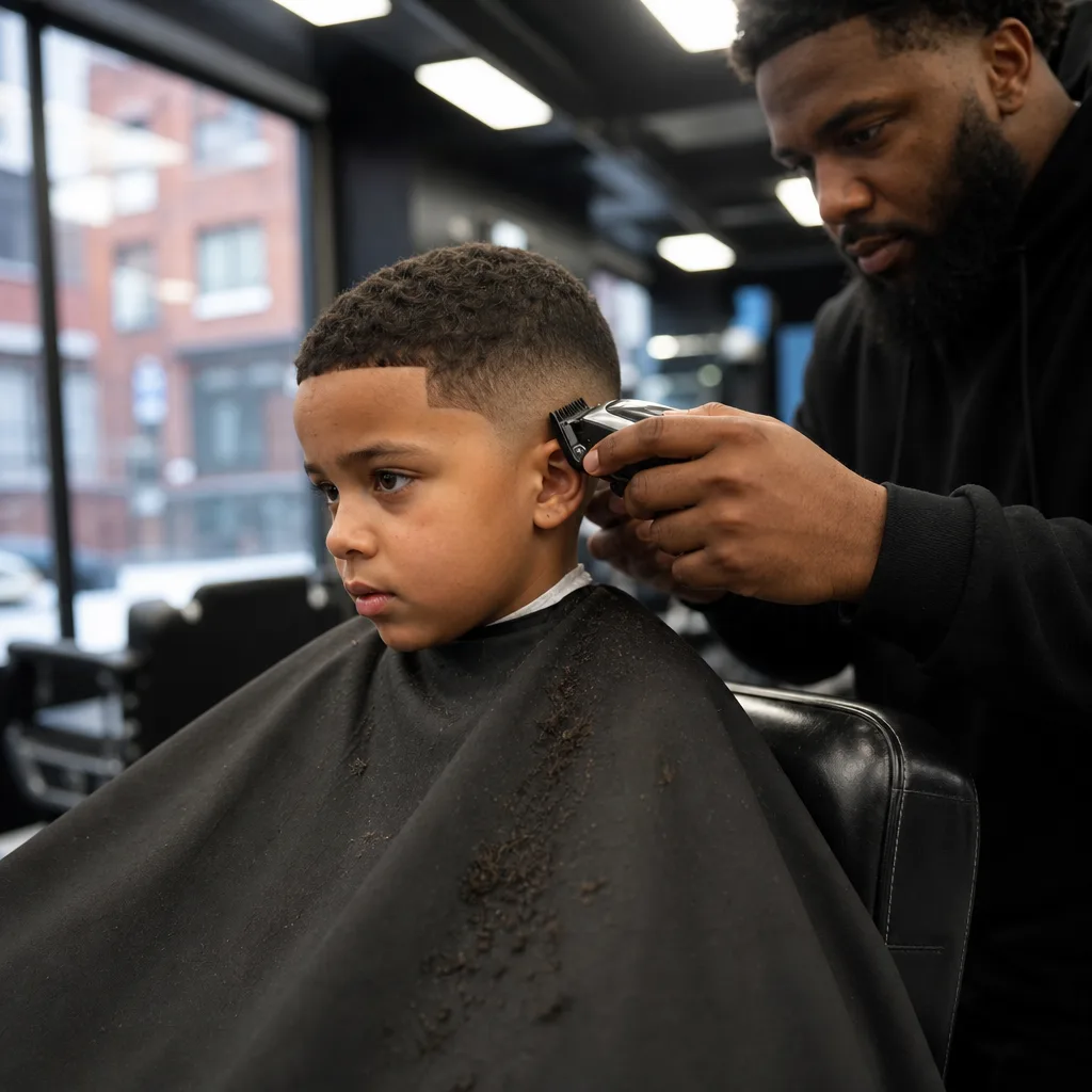 Barber fading a young boy's haircut in a Newark barbershop chair