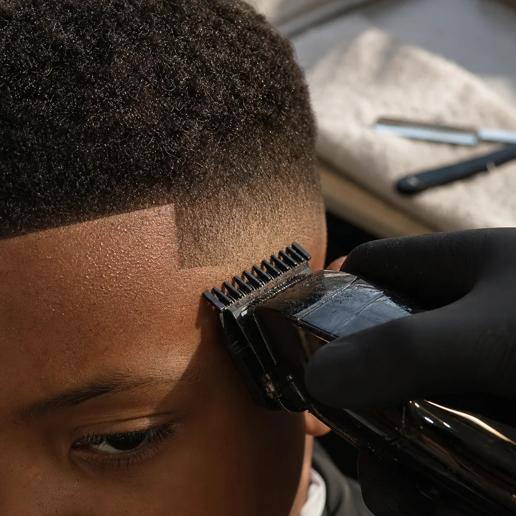 Close-up of barber lining up a child's hairline with clippers