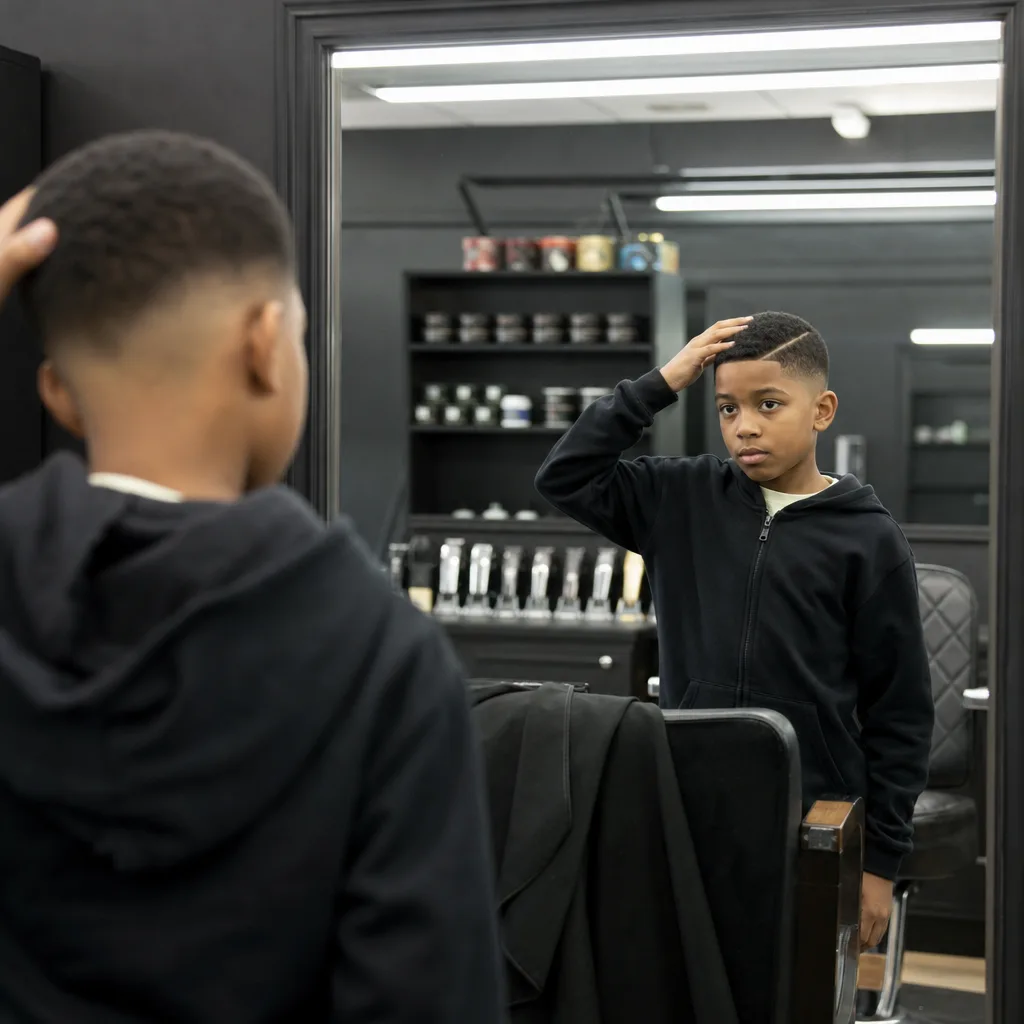 Boy checking his finished taper fade haircut in barbershop mirror