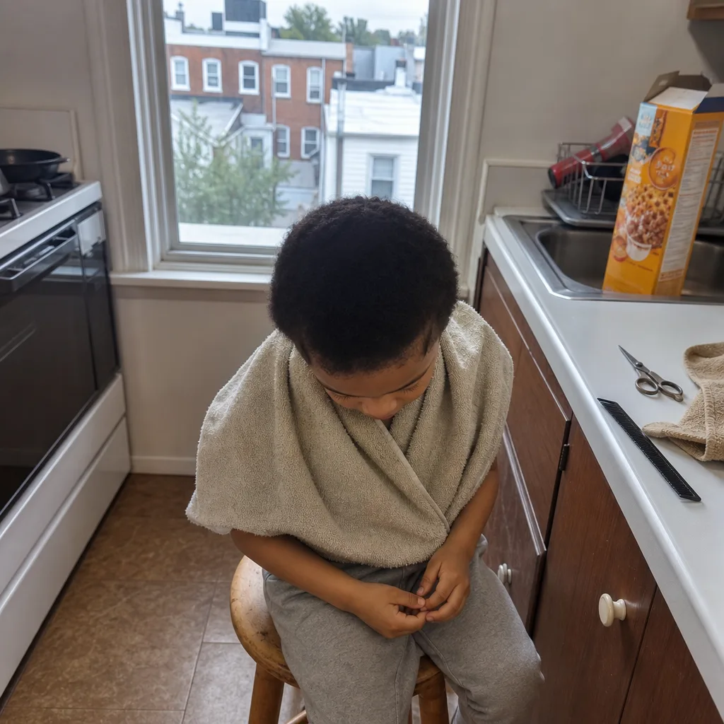 Child sitting for a home haircut trim at a Newark kitchen counter
