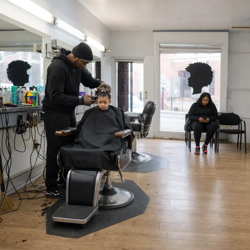 Toddler getting a trim while mother waits in Newark barbershop