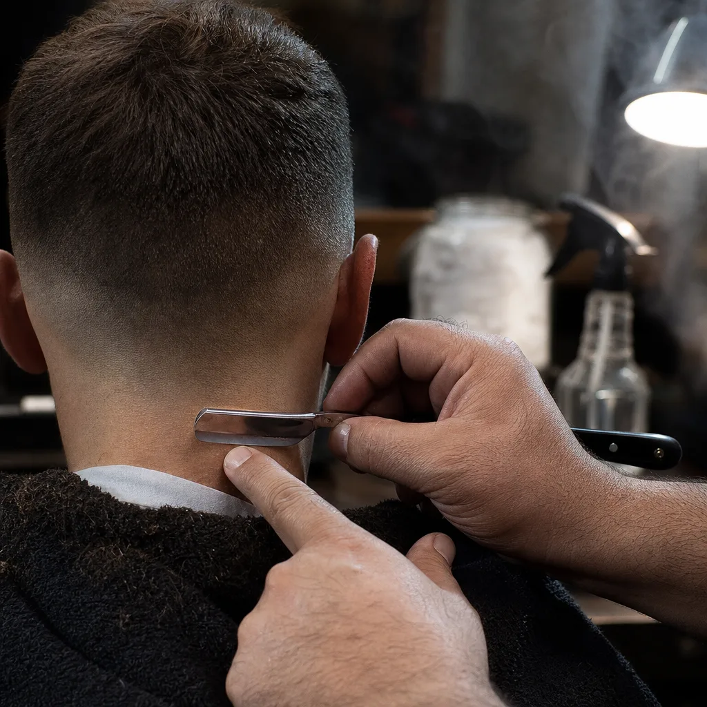 Barber using straight razor to clean up boy's neckline fade